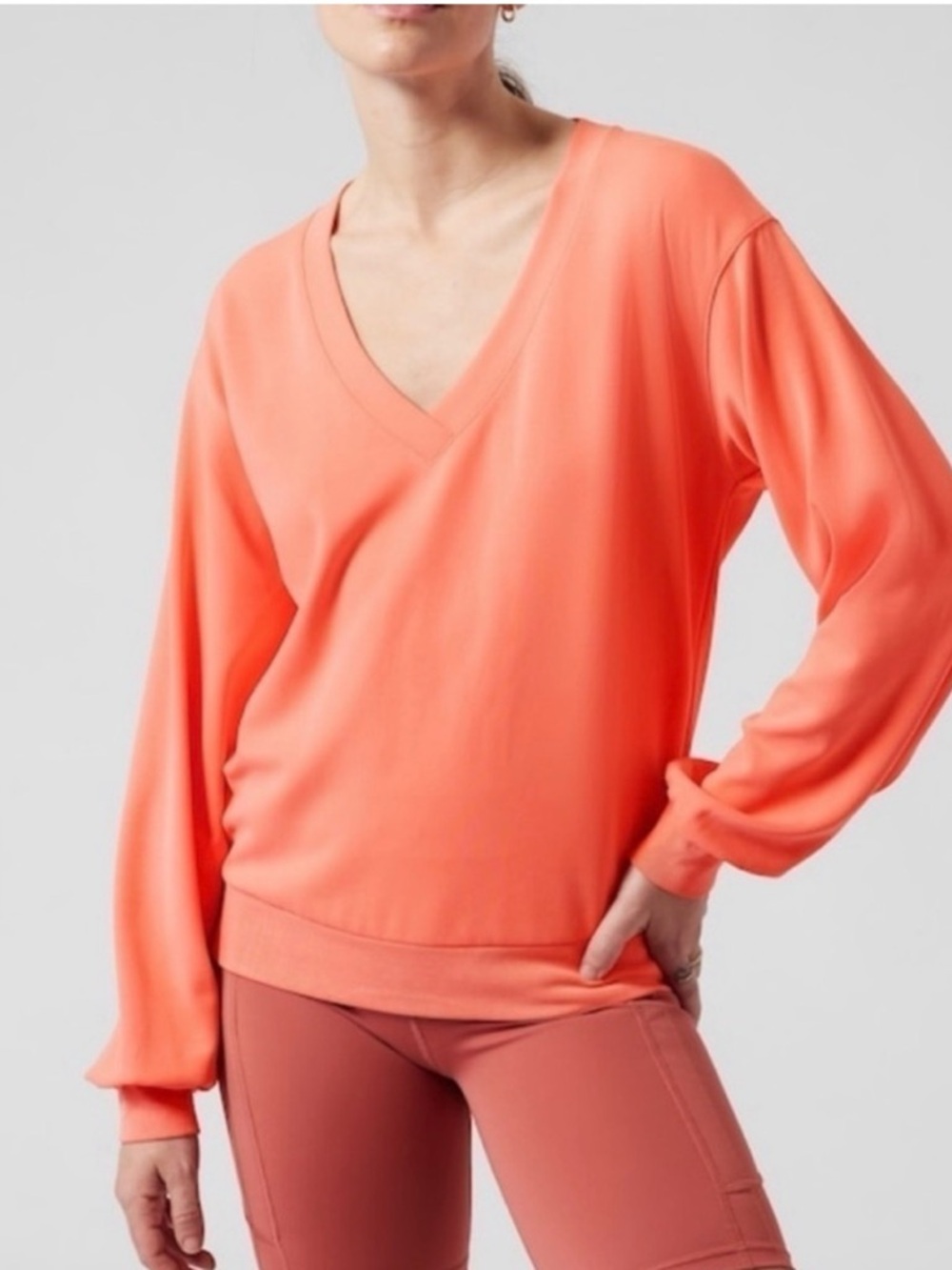 Athleta Coral-Orange Active V-Neck Long-Sleeved Top Size M